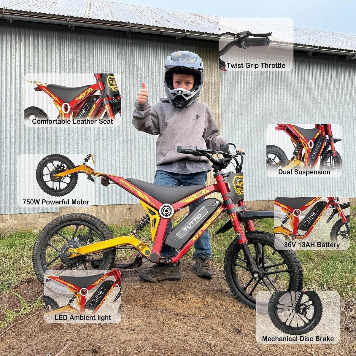 TUTTIO ARC-I Kids Electric Dirt Bike – 750W Motor with 36V 13Ah Battery for Ages 5-8 – ARC-I