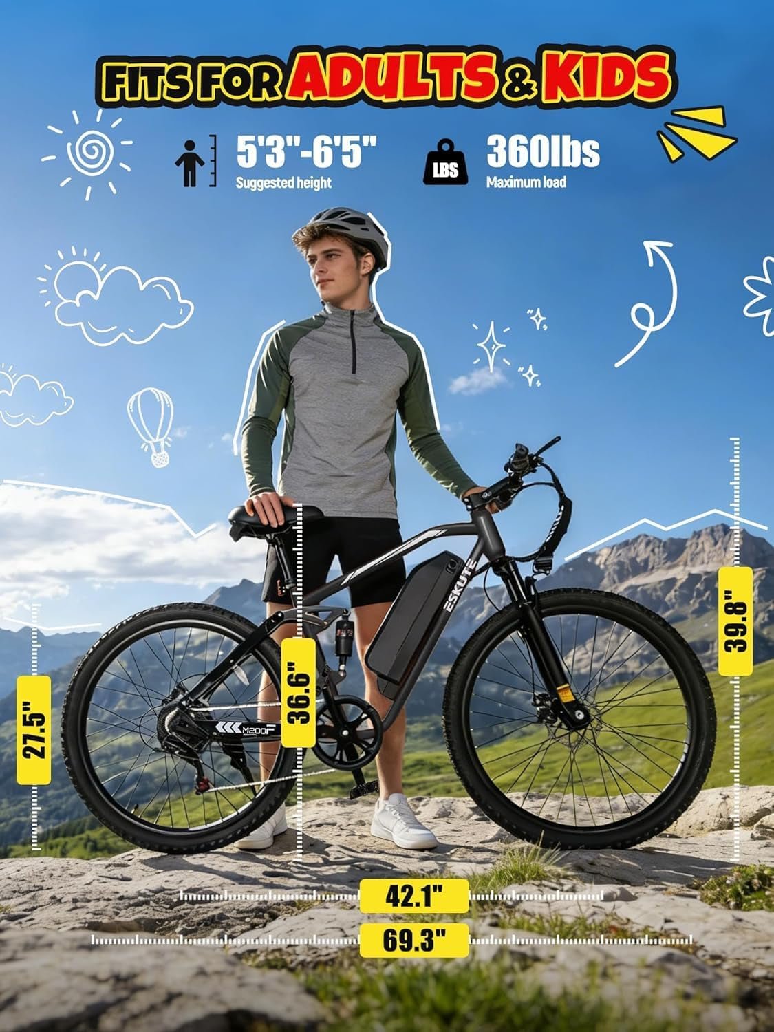 ESKUTE M200F Electric Bike – 1500W Peak Motor with 48V 20.8Ah Battery & 80 Mile Range – M200F