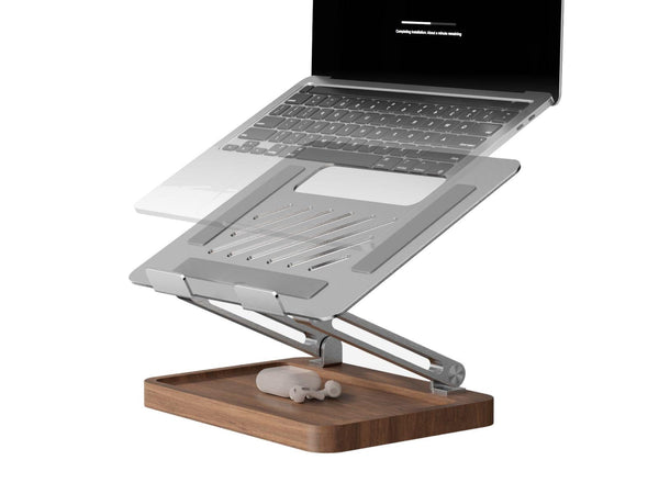 Laptop stand with walnut base and aluminium arm
