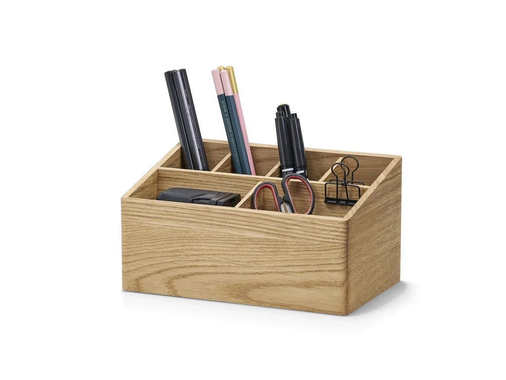 Solid wood pen organiser with six compartments in oak