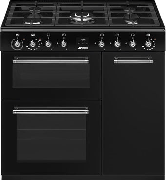 compare product 90cm Dual Fuel Range Cooker 61L Fan Convection Black