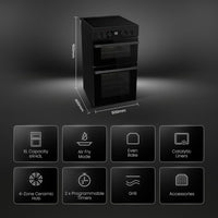 Electric Cooker 69L/43L Double Oven Air Fry Mode Ceramic Hob Black