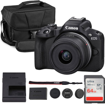 compare product Canon EOS R50 Mirrorless Camera with 18-45mm Lens (5811C012) Bundle