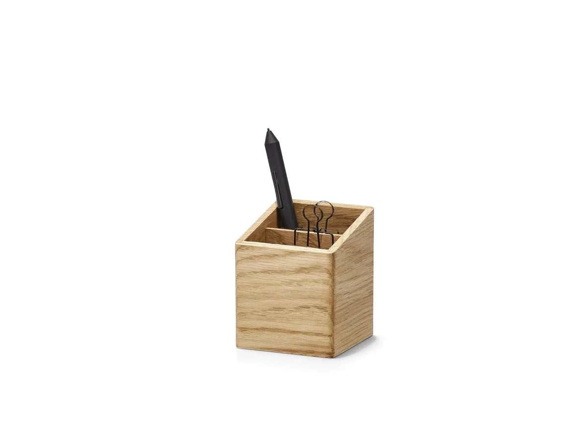 Solid wood pen cup with two compartments in oak